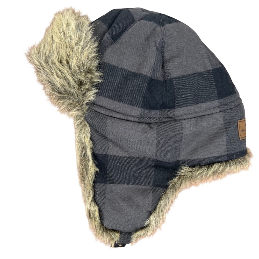 Eddie Bauer Trapper Hat Grey Black Buffalo Plaid Faux Fur Aviator Cap S/M